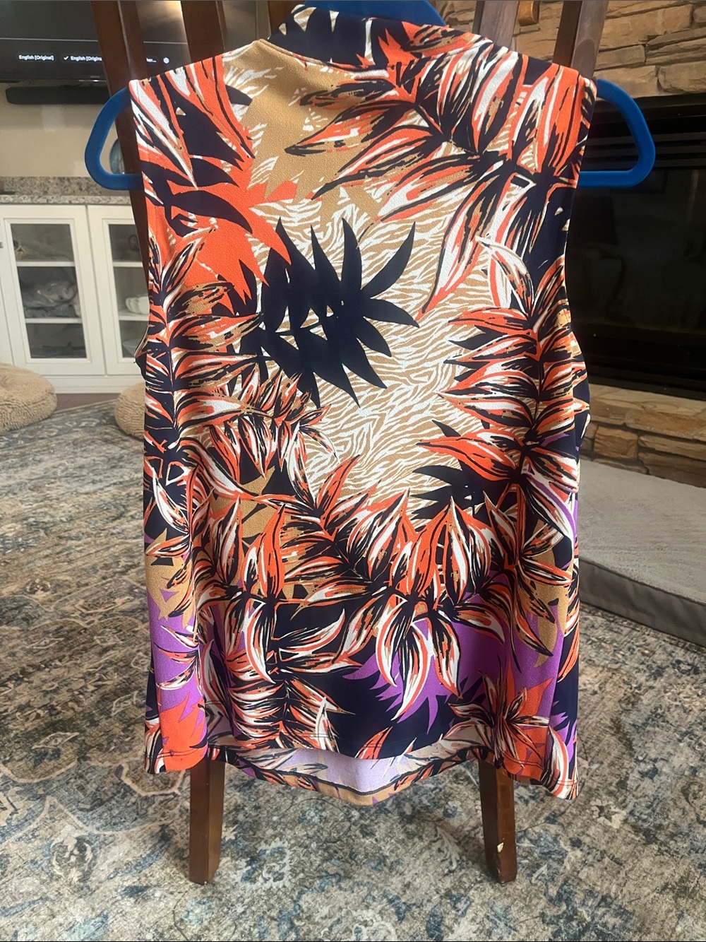 IMAN Tropical Leaf Sleeveless Top in Navy, Orange & Purple - Picture 2 of 3